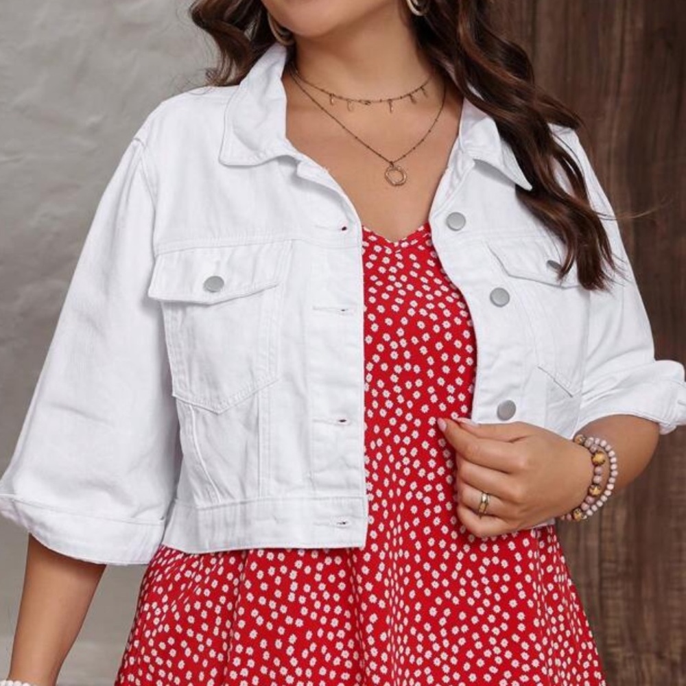 Plus White Button 3/4 Sleeve denim Cropped Jean Jacket